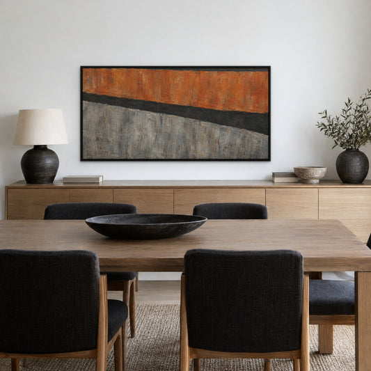 Rust and Pewter Pair, orange abstract hand-painted canvas wall art in a dining room – Gallery 23
