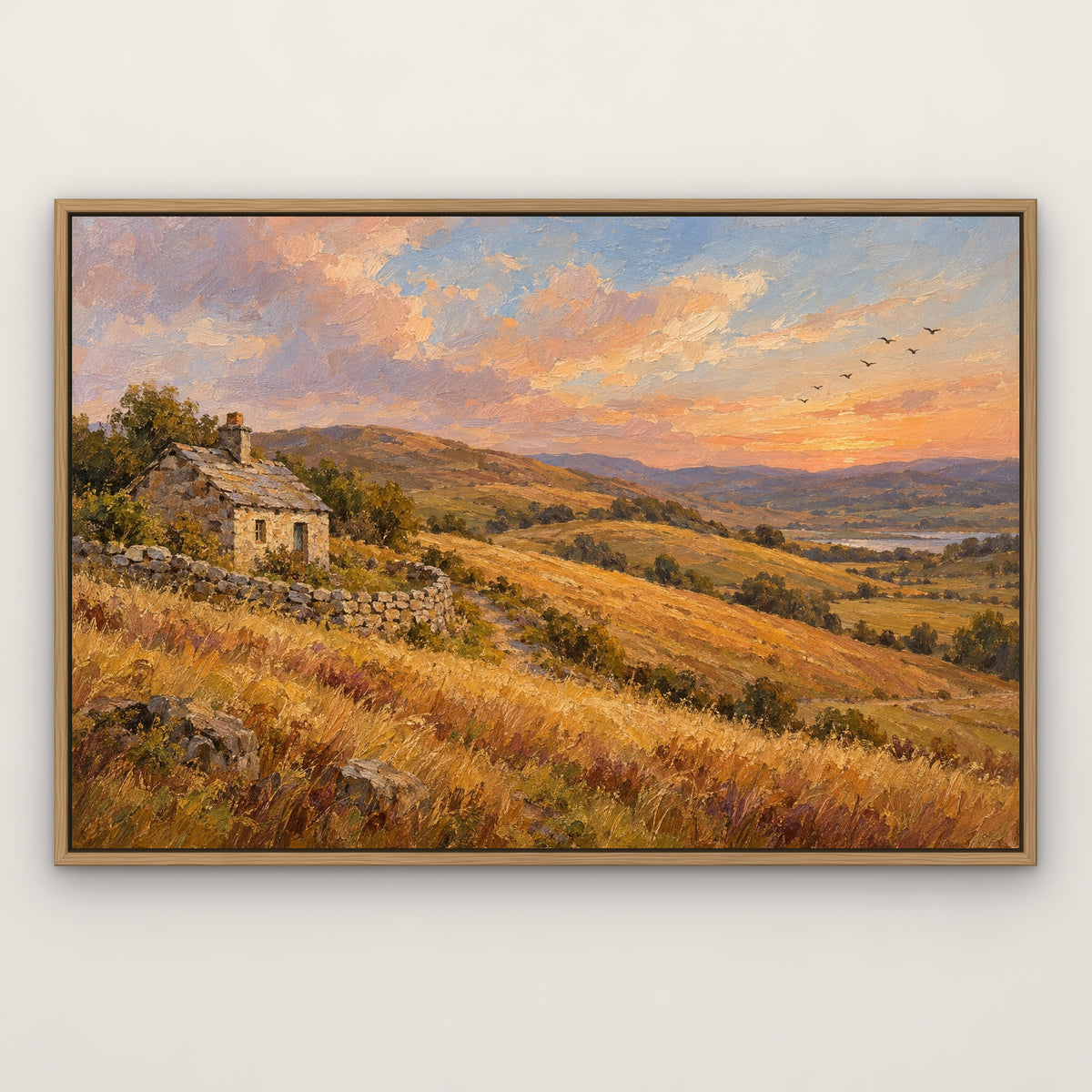 Hilltop Cottage, blue landscape hand-painted canvas wall art in a slim oak float frame – Gallery 23