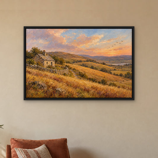 Hilltop Cottage, blue landscape hand-painted canvas wall art in a reading corner – Gallery 23