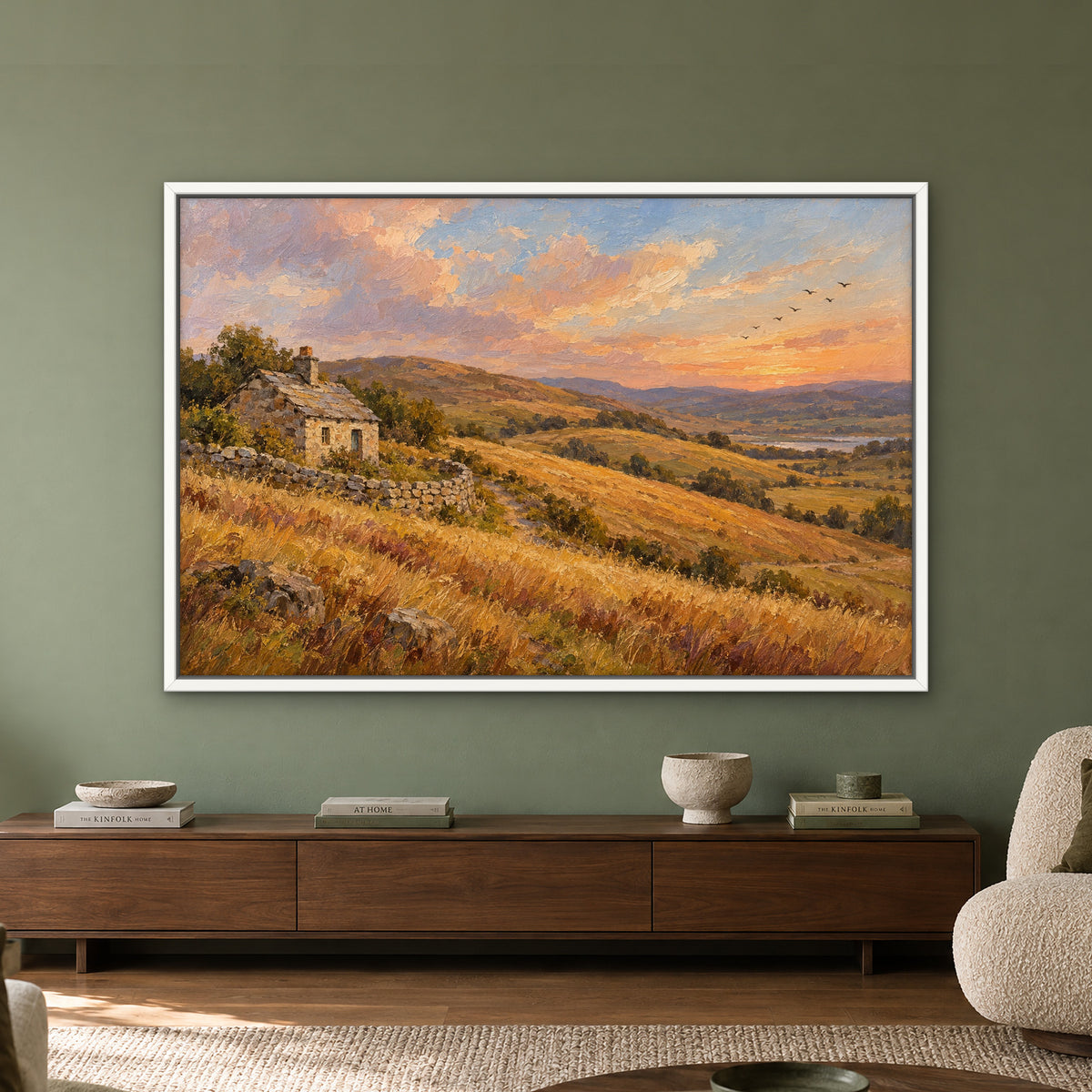 Hilltop Cottage, blue landscape hand-painted canvas wall art in a living room – Gallery 23
