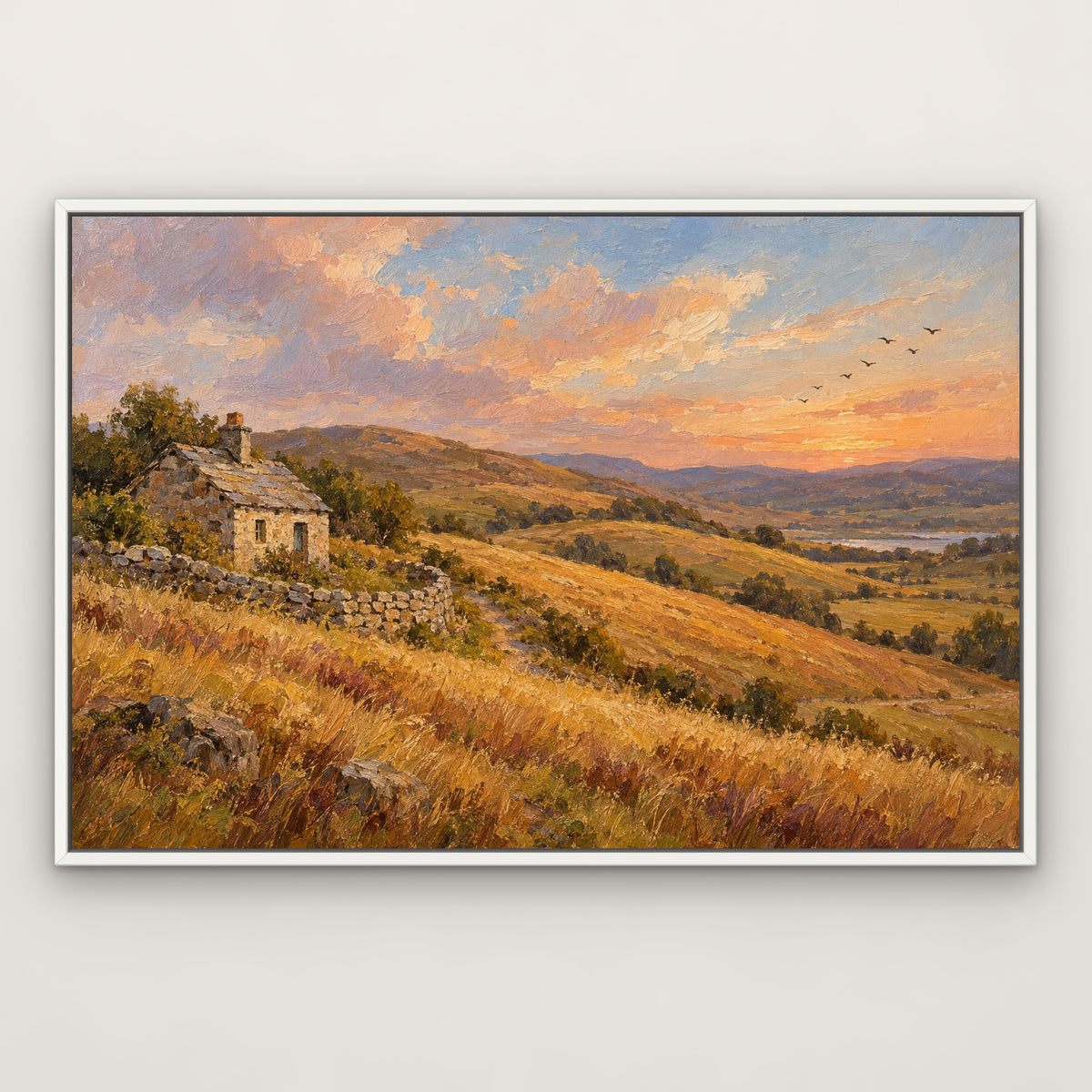 Hilltop Cottage, blue landscape hand-painted canvas wall art in a slim white float frame – Gallery 23