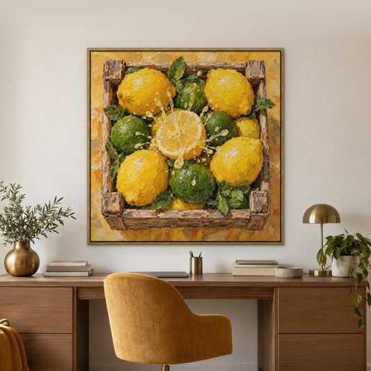 Citrus Splash, blue still life hand-painted canvas wall art in a home office – Gallery 23