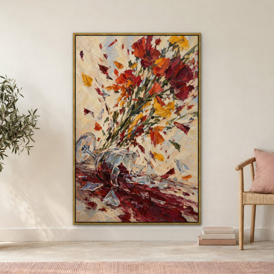Shattered Glass Bouquet, colourful abstract hand-painted canvas wall art in a hallway – Gallery 23
