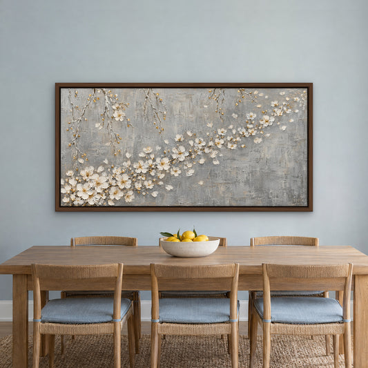 White Blossom Field, neutral floral hand-painted canvas wall art in a dining room – Gallery 23