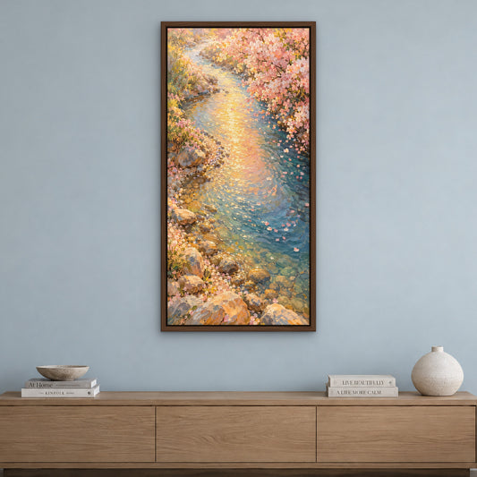 Blossom Creek Sunrise, blue mountain landscape hand-painted canvas wall art in a living room – Gallery 23