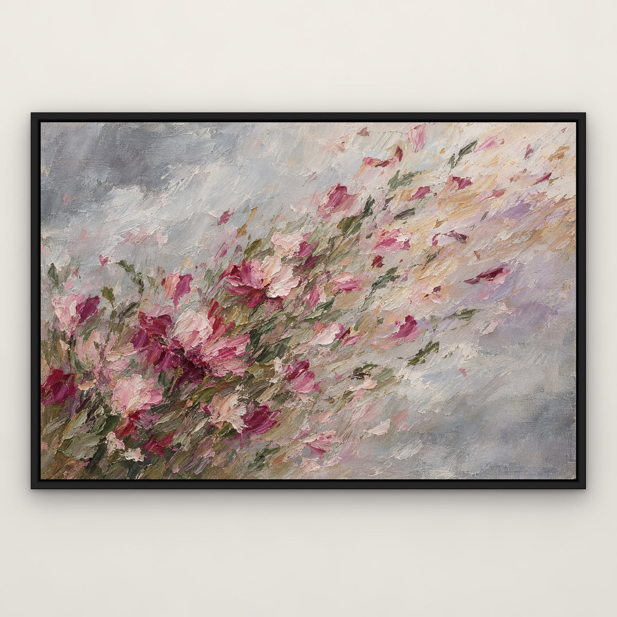 Wild Blossom Gust, green abstract hand-painted canvas wall art in a slim black float frame – Gallery 23