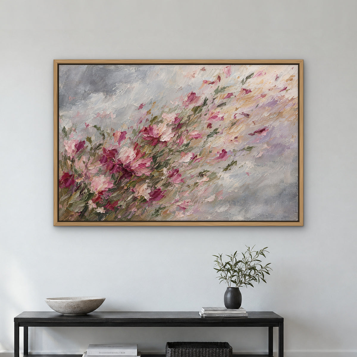 Wild Blossom Gust, green abstract hand-painted canvas wall art in a hallway – Gallery 23