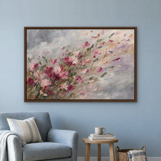 Wild Blossom Gust, green abstract hand-painted canvas wall art in a reading corner – Gallery 23
