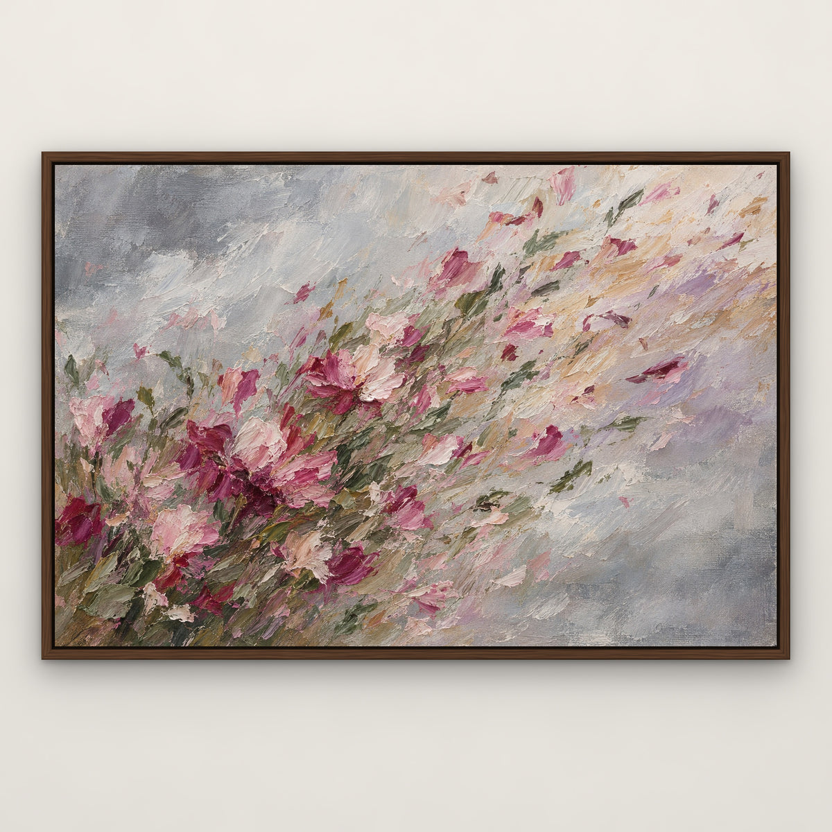 Wild Blossom Gust, green abstract hand-painted canvas wall art in a slim walnut float frame – Gallery 23
