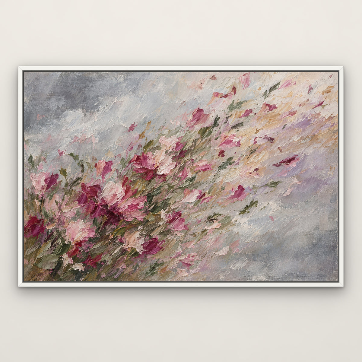 Wild Blossom Gust, green abstract hand-painted canvas wall art in a slim white float frame – Gallery 23