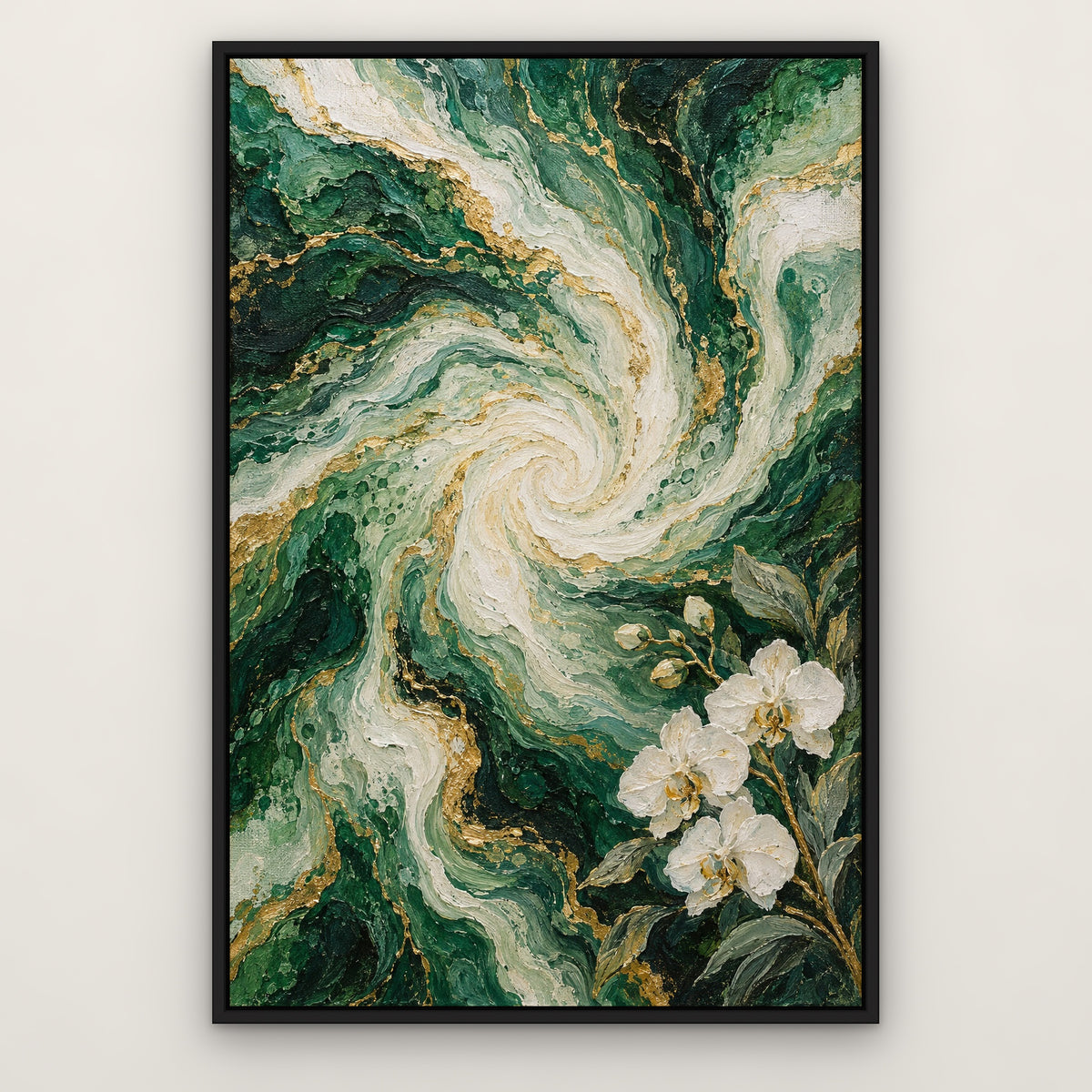 Emerald Marble Flow, green abstract hand-painted canvas wall art in a slim black float frame – Gallery 23