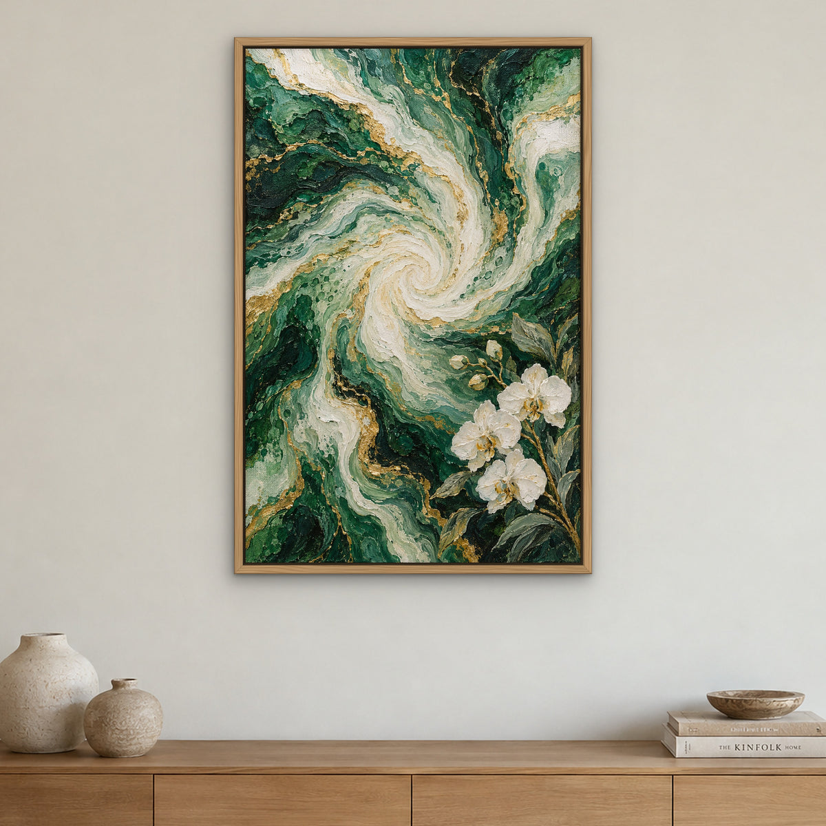 Emerald Marble Flow, green abstract hand-painted canvas wall art in a dining room – Gallery 23