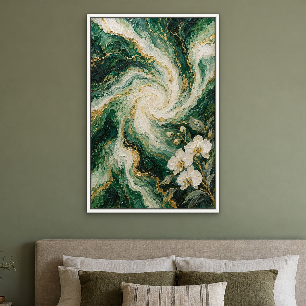 Emerald Marble Flow, green abstract hand-painted canvas wall art in a bedroom – Gallery 23