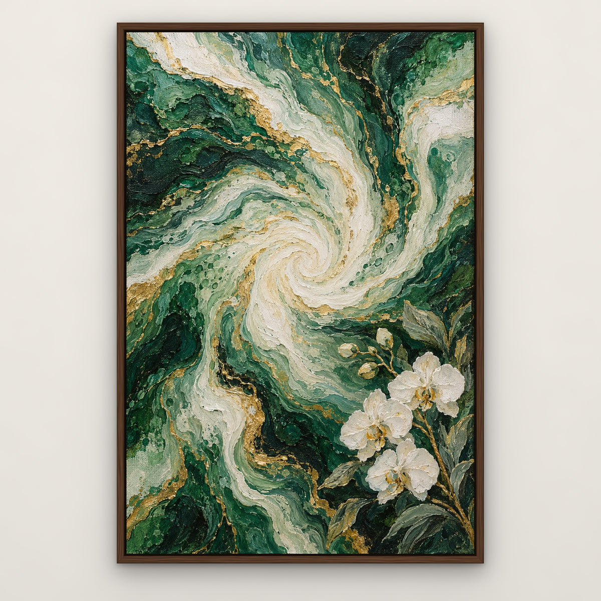 Emerald Marble Flow, green abstract hand-painted canvas wall art in a slim walnut float frame – Gallery 23