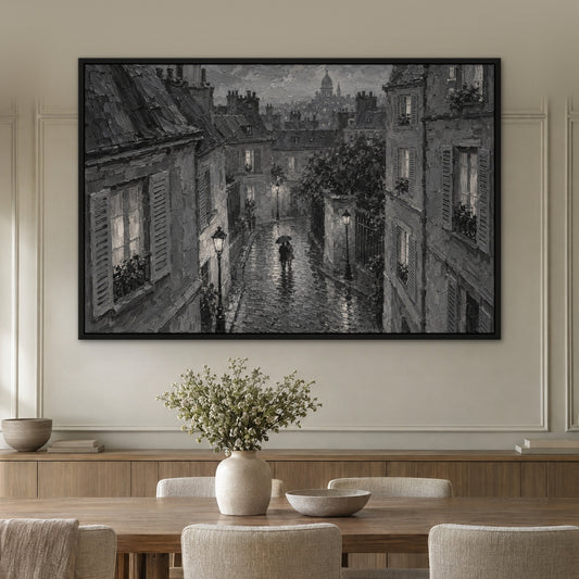 Monochrome Paris Couple, orange cityscape hand-painted canvas wall art in a dining room – Gallery 23