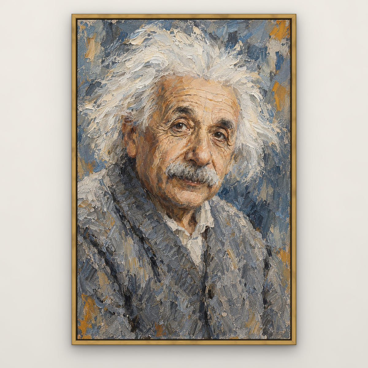 Einstein, blue portrait hand-painted canvas wall art in a slim antique gold float frame – Gallery 23