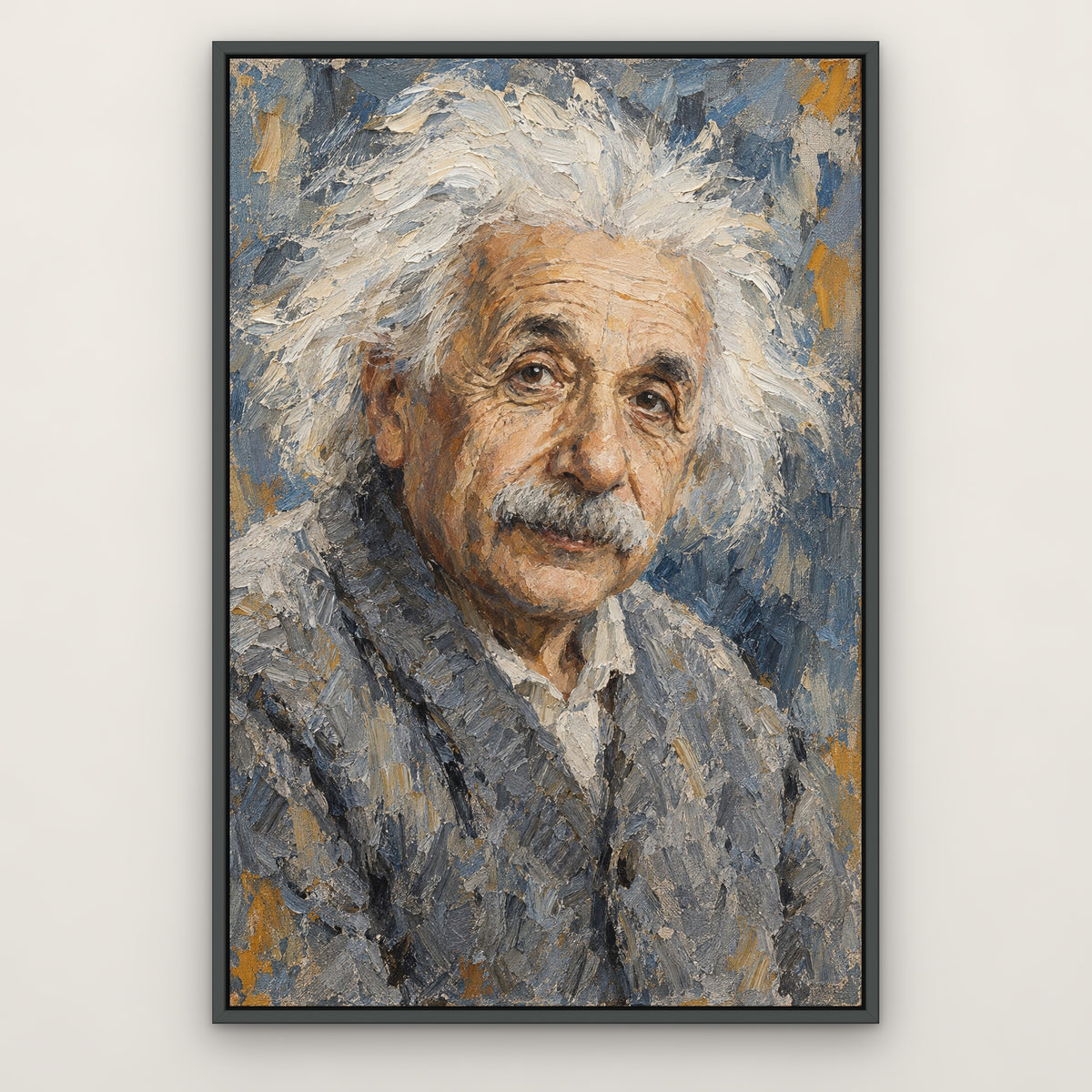 Einstein, blue portrait hand-painted canvas wall art in a slim dark grey float frame – Gallery 23