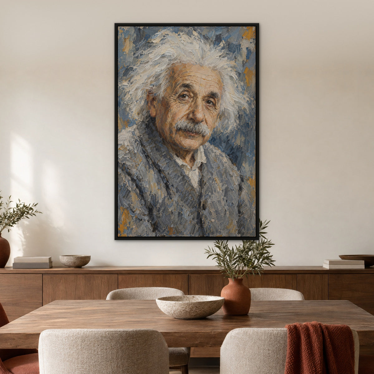 Einstein, blue portrait hand-painted canvas wall art in a dining room – Gallery 23