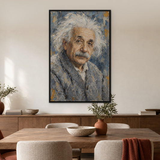 Einstein, blue portrait hand-painted canvas wall art in a dining room – Gallery 23