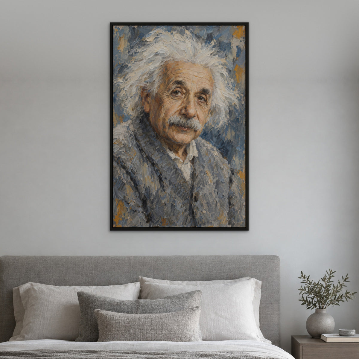 Einstein, blue portrait hand-painted canvas wall art in a bedroom – Gallery 23