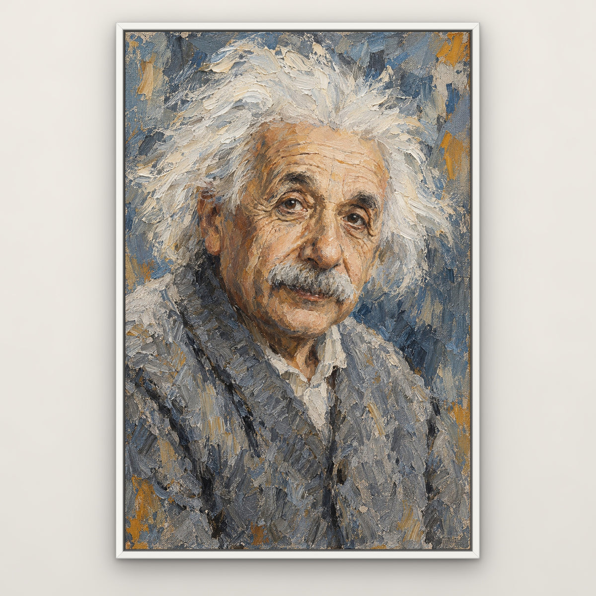 Einstein, blue portrait hand-painted canvas wall art in a slim white float frame – Gallery 23