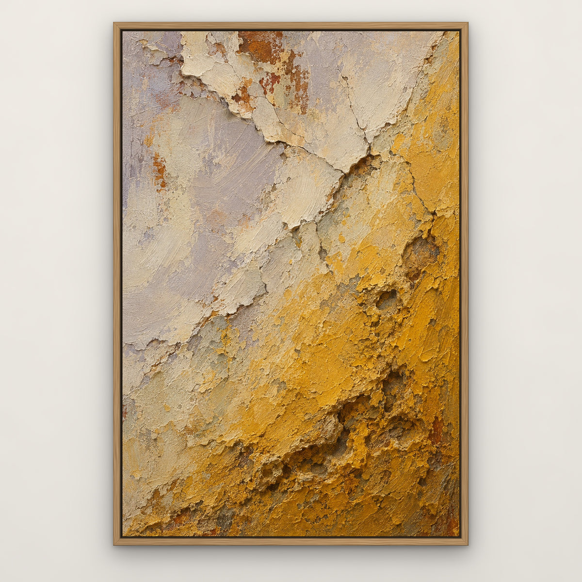 Mustard Weathering, yellow abstract hand-painted canvas wall art in a slim oak float frame – Gallery 23