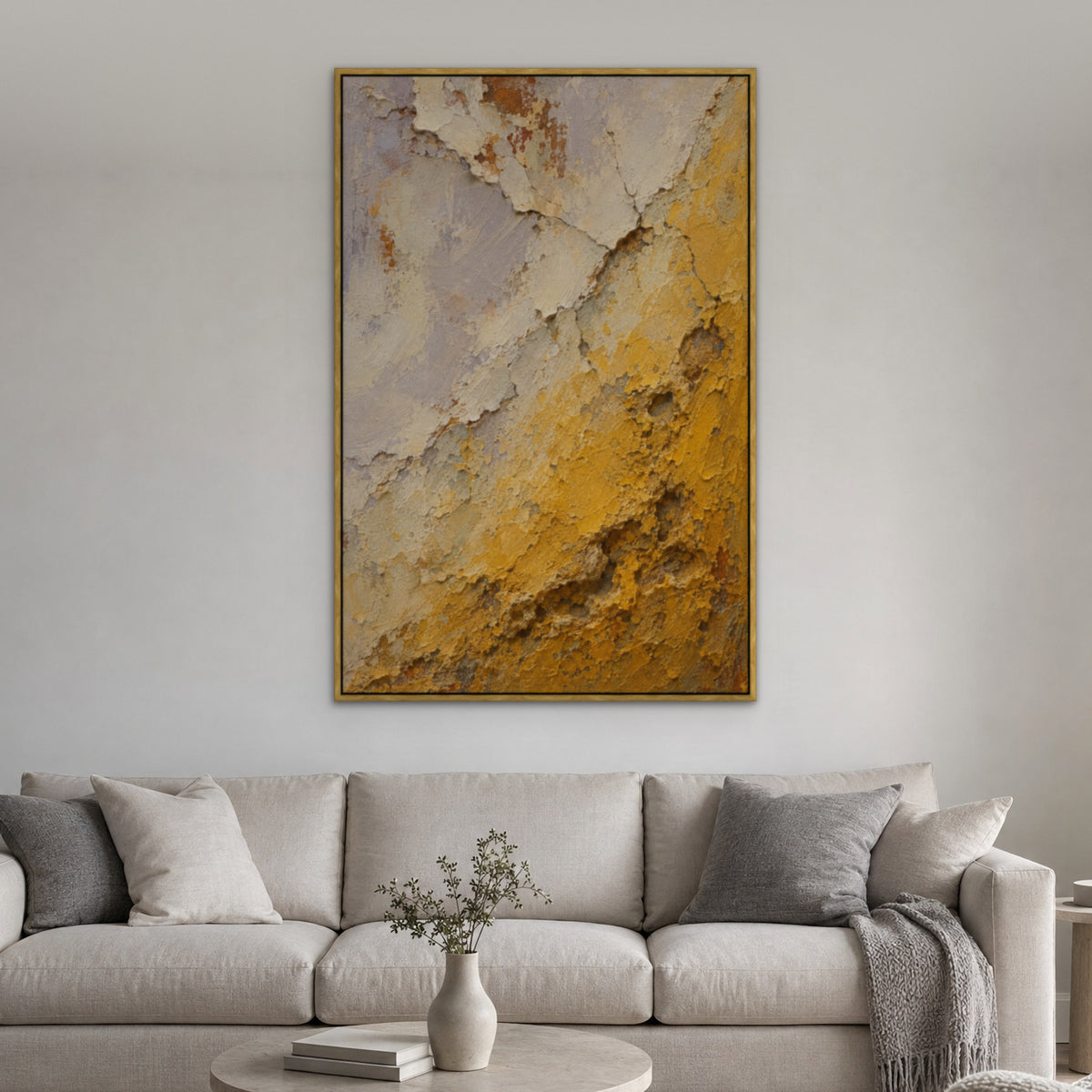 Mustard Weathering, yellow abstract hand-painted canvas wall art in a living room – Gallery 23
