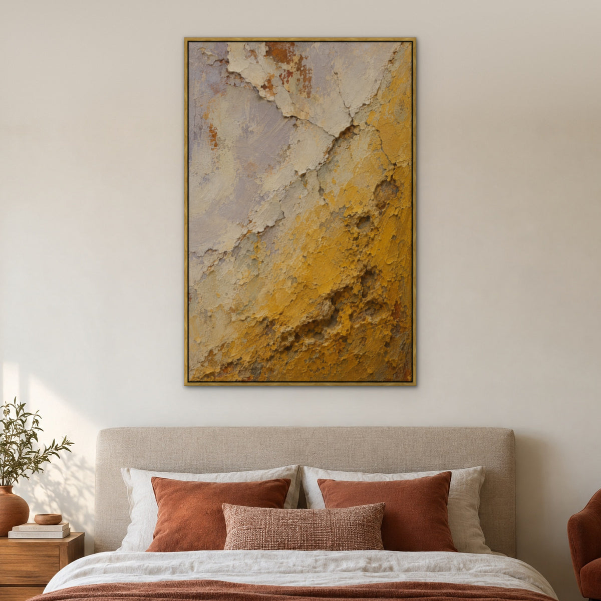 Mustard Weathering, yellow abstract hand-painted canvas wall art in a bedroom – Gallery 23