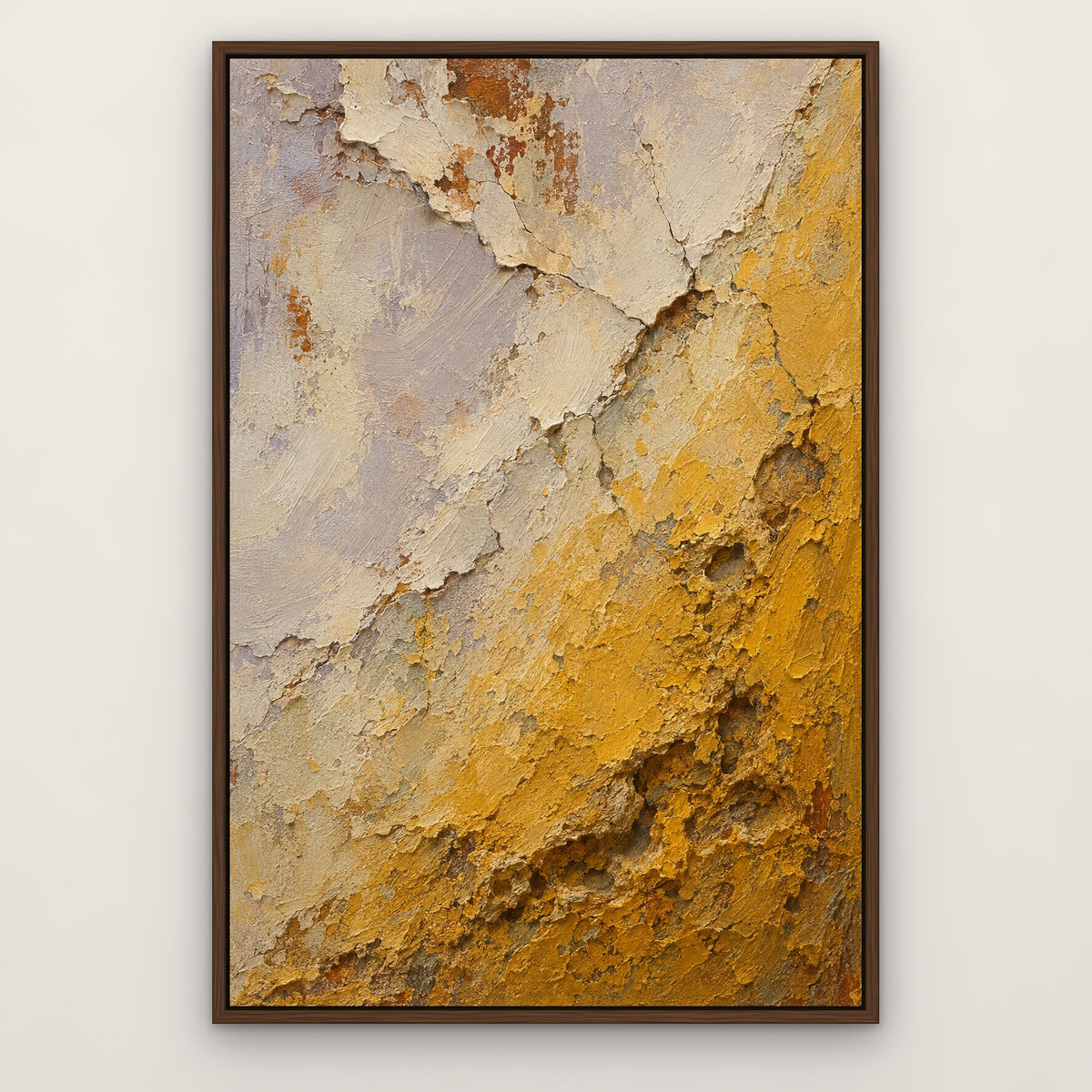 Mustard Weathering, yellow abstract hand-painted canvas wall art in a slim walnut float frame – Gallery 23