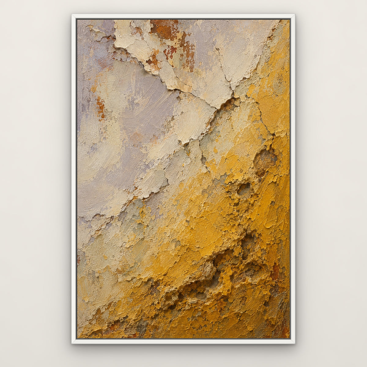 Mustard Weathering, yellow abstract hand-painted canvas wall art in a slim white float frame – Gallery 23