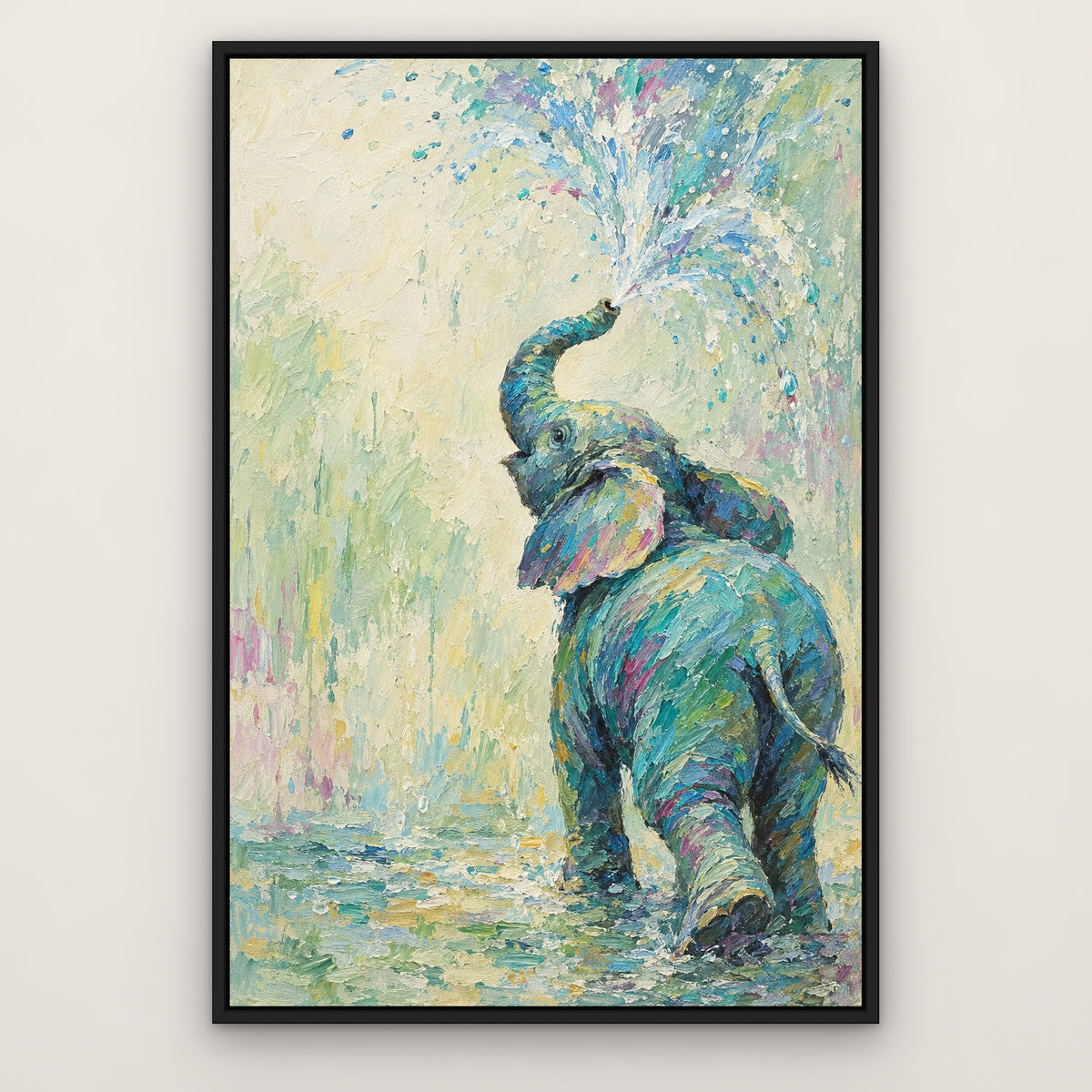 Aqua Elephant, colourful wildlife hand-painted canvas wall art in a slim black float frame – Gallery 23