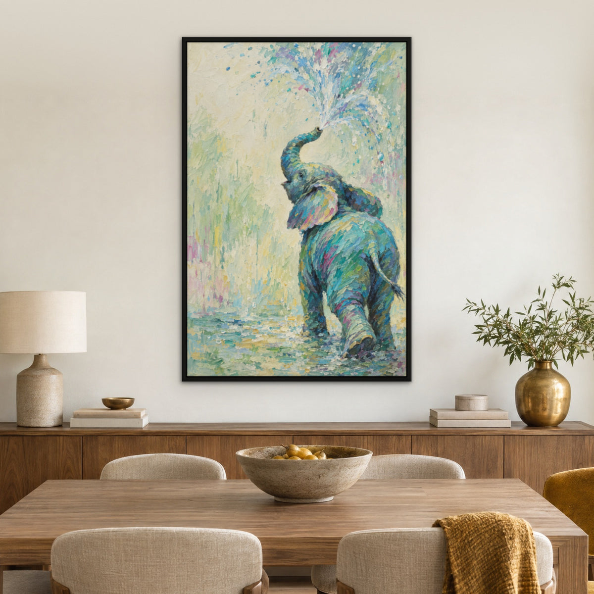 Aqua Elephant, colourful wildlife hand-painted canvas wall art in a dining room – Gallery 23