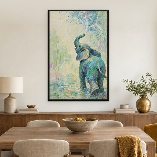Aqua Elephant, colourful wildlife hand-painted canvas wall art in a dining room – Gallery 23