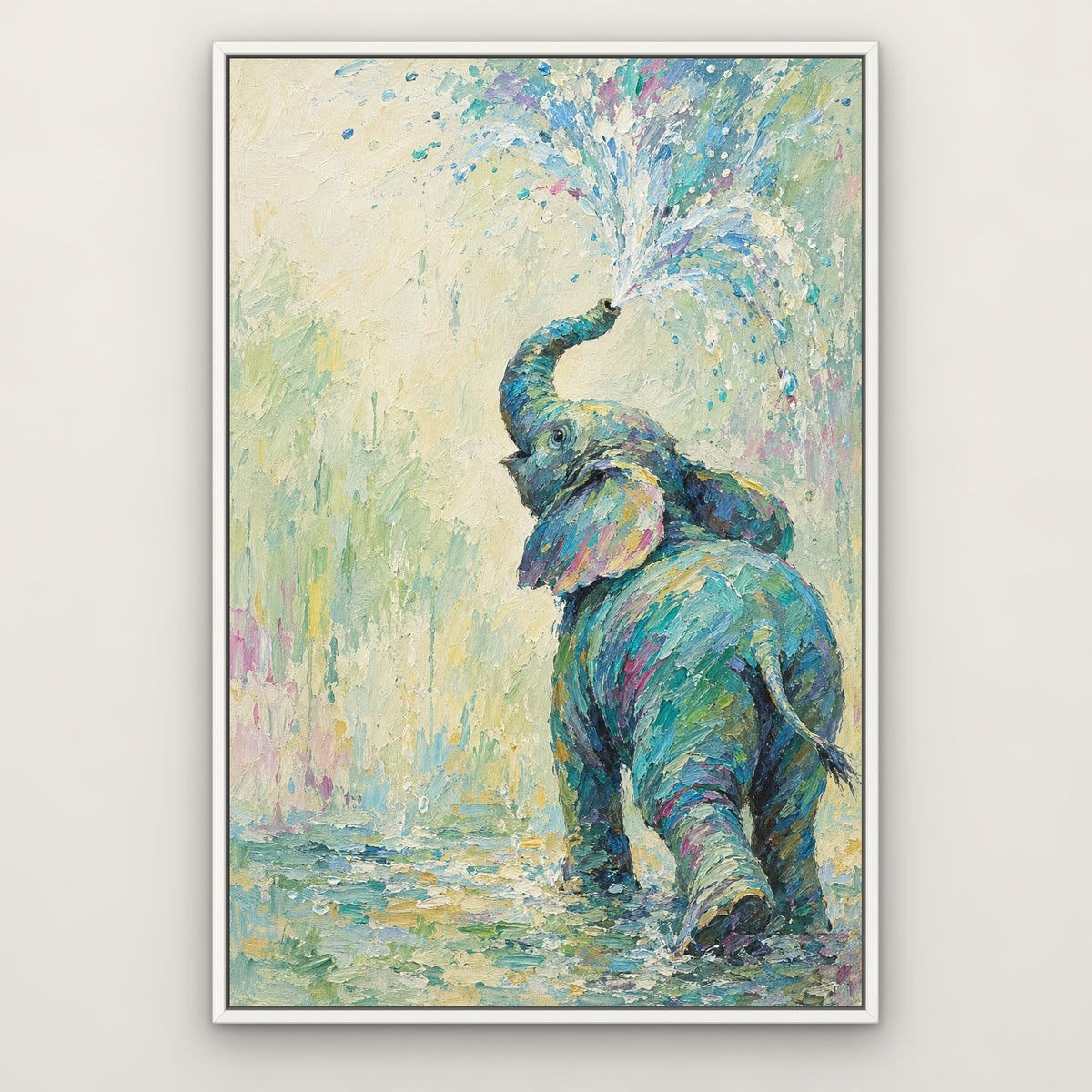 Aqua Elephant, colourful wildlife hand-painted canvas wall art in a slim white float frame – Gallery 23