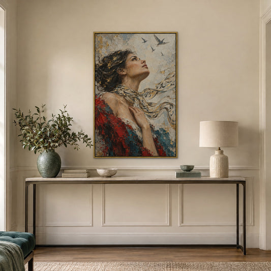Calligraphy Muse, grey pop art hand-painted canvas wall art in a hallway – Gallery 23