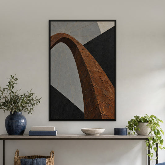 Umber Arch, brown abstract hand-painted canvas wall art in a hallway – Gallery 23
