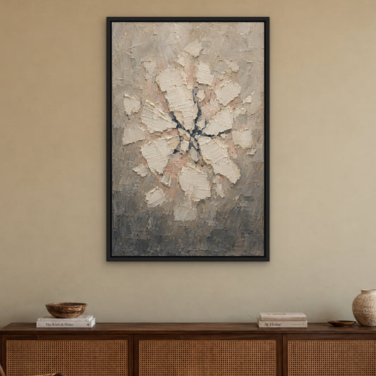 Ivory Collage, black and white abstract hand-painted canvas wall art in a living room – Gallery 23