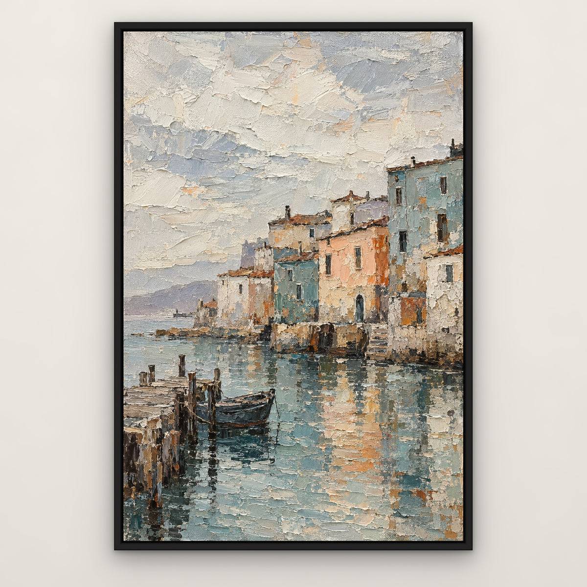 Weathered Harbour Town, teal abstract hand-painted canvas wall art in a slim black float frame – Gallery 23