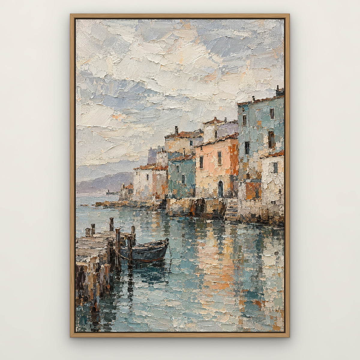 Weathered Harbour Town, teal abstract hand-painted canvas wall art in a slim oak float frame – Gallery 23
