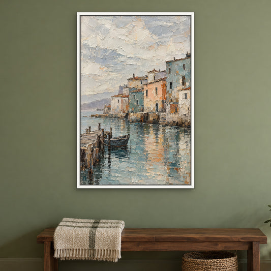 Weathered Harbour Town, teal abstract hand-painted canvas wall art in a bedroom – Gallery 23