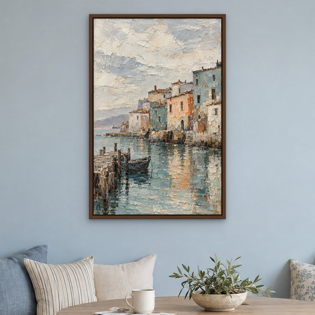 Weathered Harbour Town, teal abstract hand-painted canvas wall art in a kitchen nook – Gallery 23