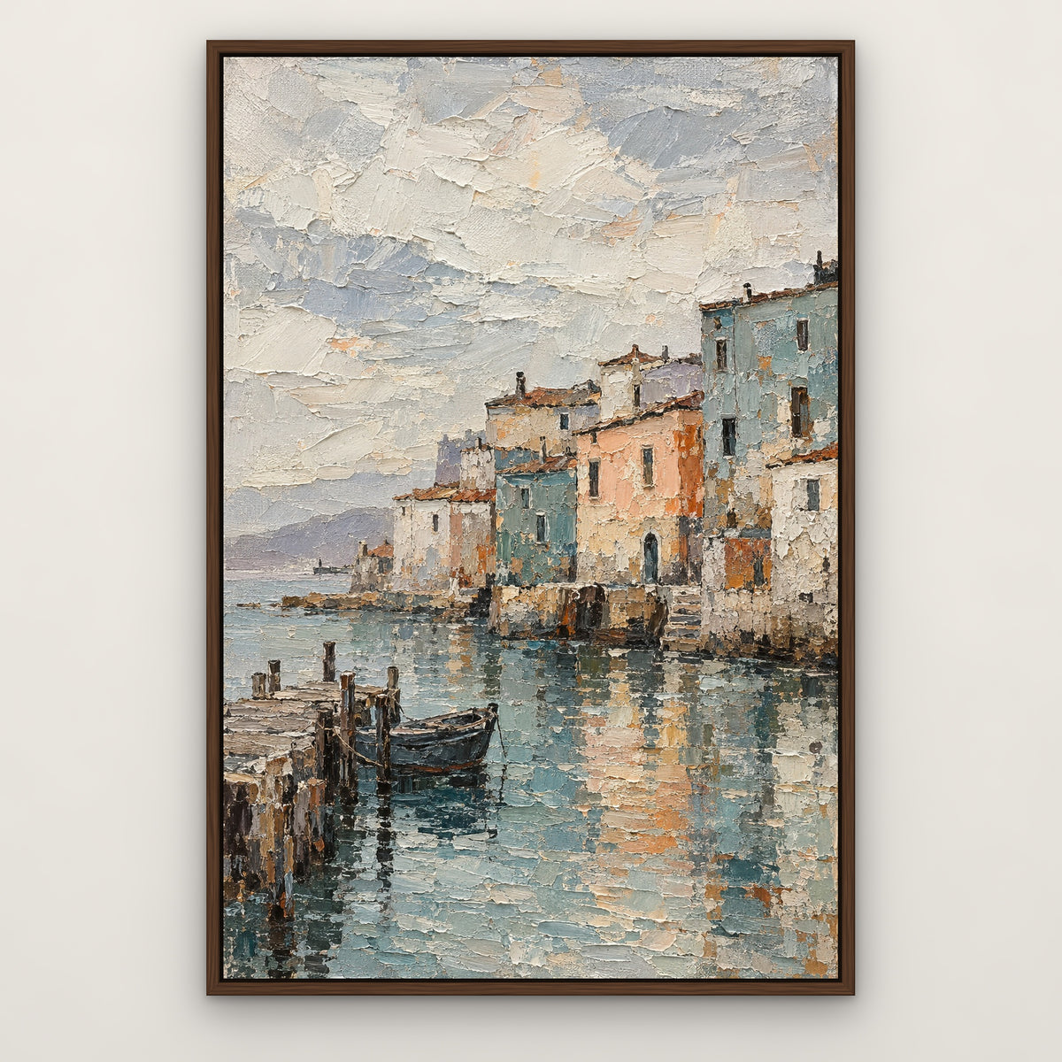 Weathered Harbour Town, teal abstract hand-painted canvas wall art in a slim walnut float frame – Gallery 23