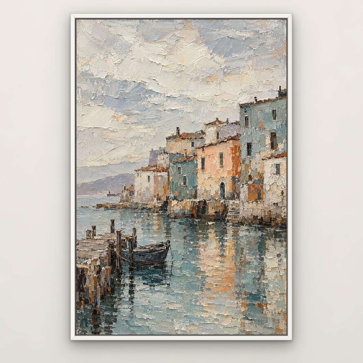 Weathered Harbour Town, teal abstract hand-painted canvas wall art in a slim white float frame – Gallery 23