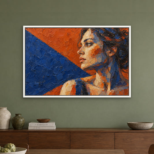 Rust and Cobalt Gaze, colourful portrait hand-painted canvas wall art in a dining room – Gallery 23