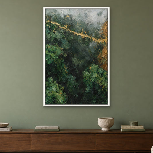 Forest and Gilt, green abstract hand-painted canvas wall art in a living room – Gallery 23