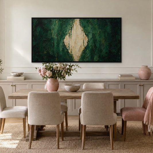Emerald Tear, green abstract hand-painted canvas wall art in a dining room – Gallery 23