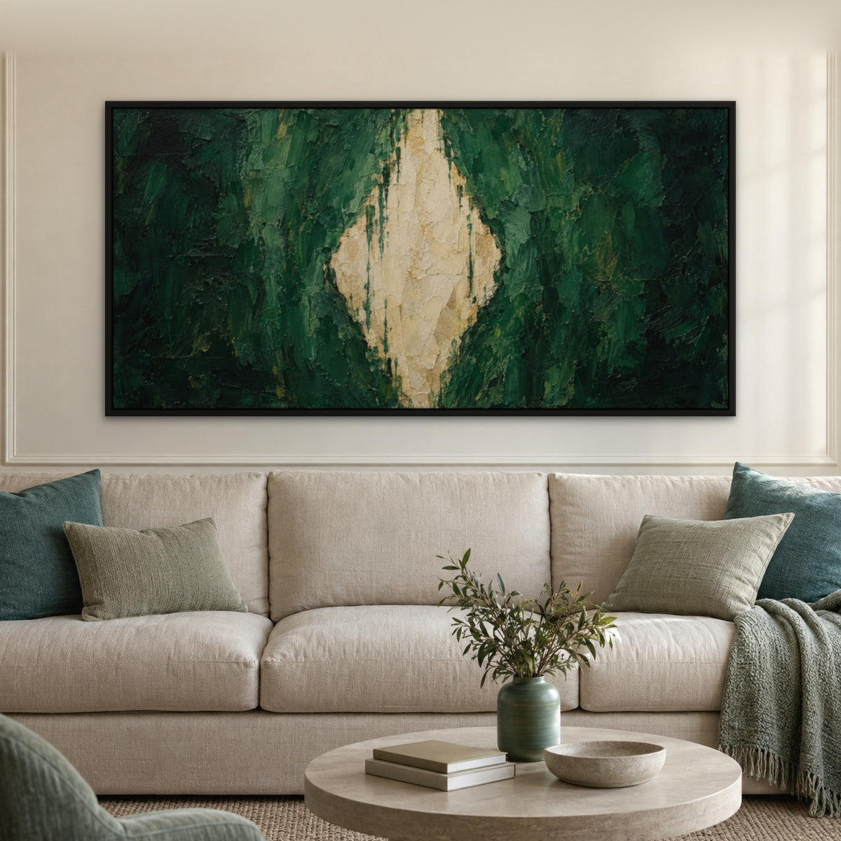 Emerald Tear, green abstract hand-painted canvas wall art in a living room – Gallery 23