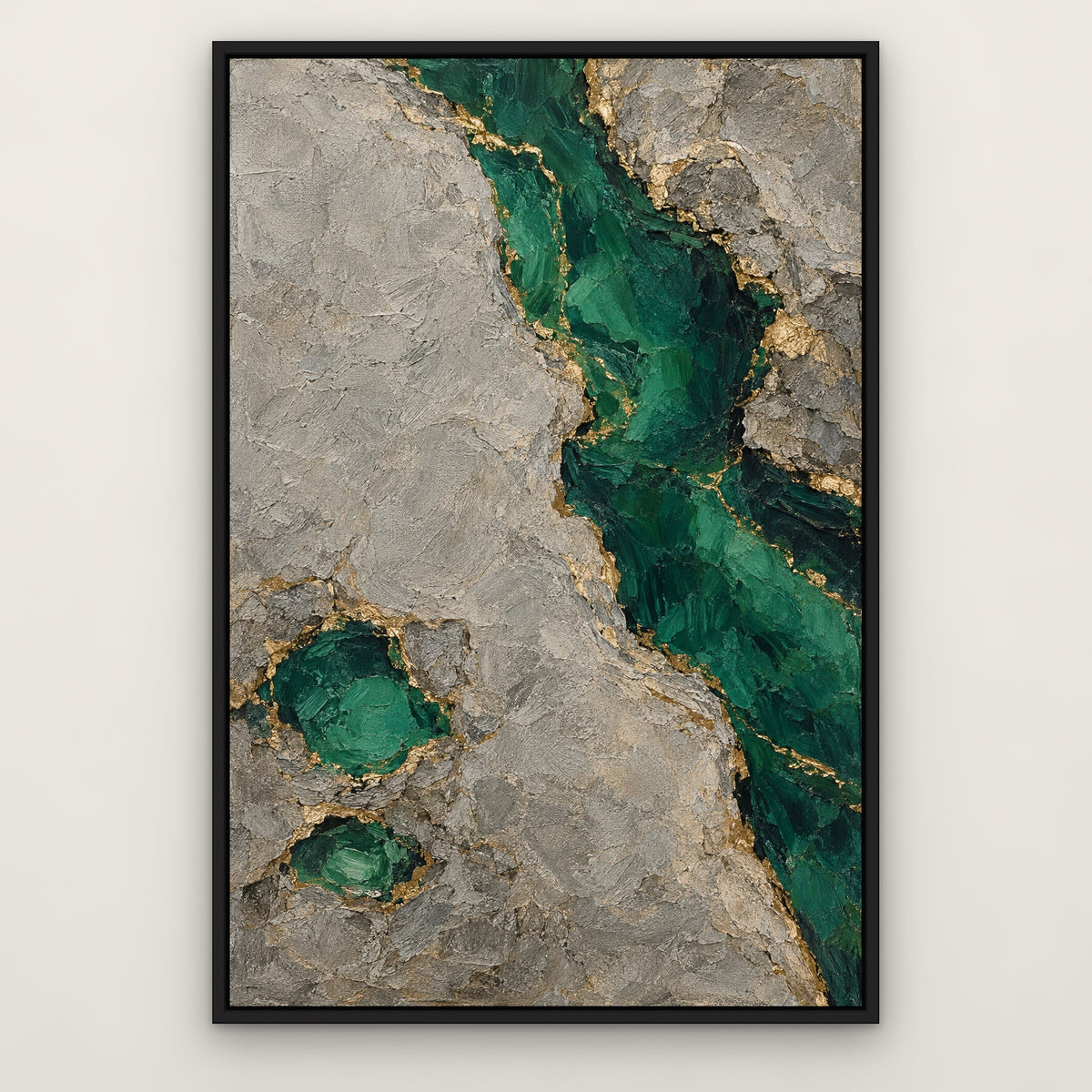 Emerald Coastline, green abstract hand-painted canvas wall art in a slim black float frame – Gallery 23