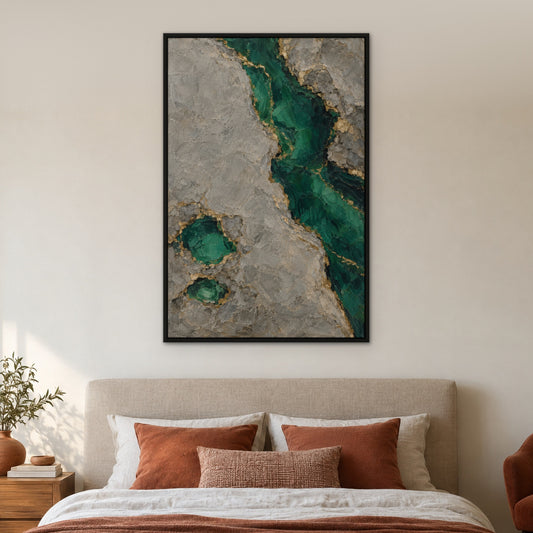 Emerald Coastline, green abstract hand-painted canvas wall art in a bedroom – Gallery 23