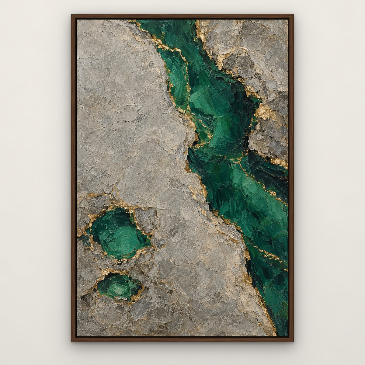 Emerald Coastline, green abstract hand-painted canvas wall art in a slim walnut float frame – Gallery 23